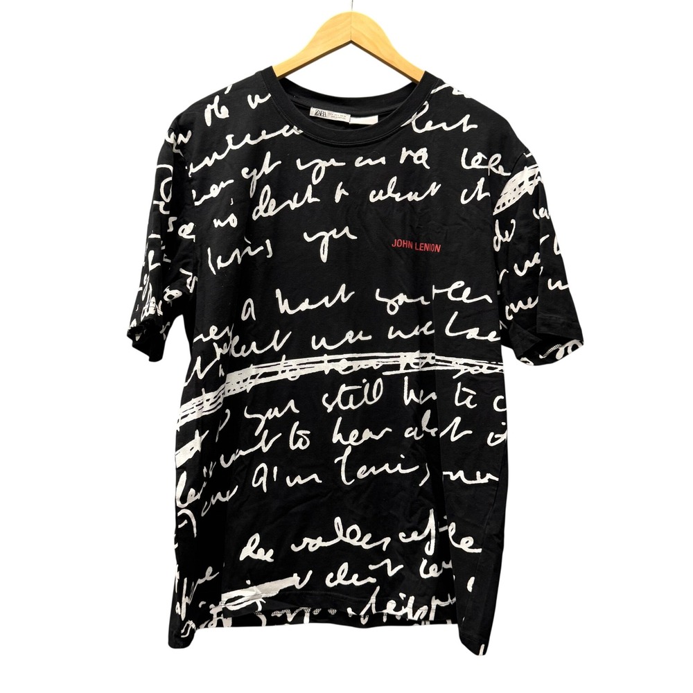 Zara T-Shirt Mens L John Lennon Handwritten Lyrics Black Script Limited Edition